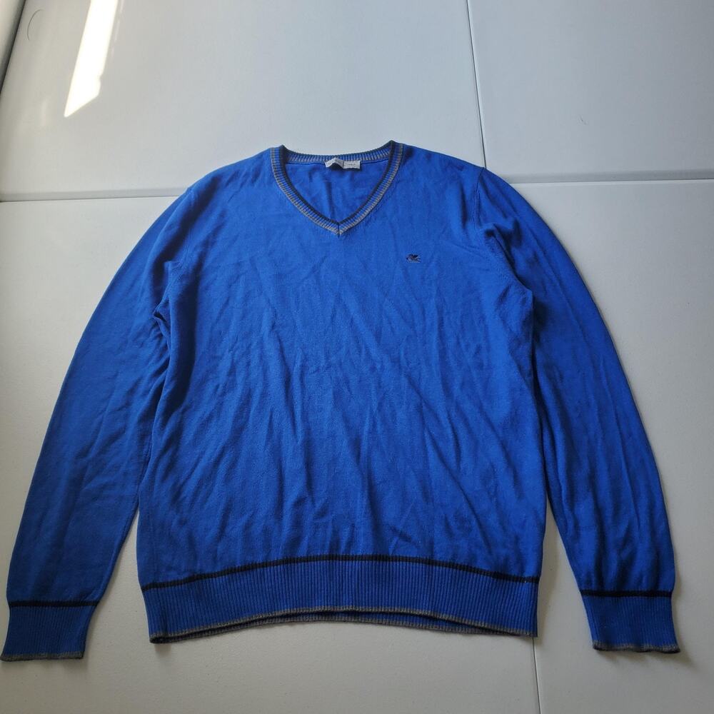 Etro Sweater Mens Large Blue 100% Cotton V Neck Lightweight Pullover Knit Italy